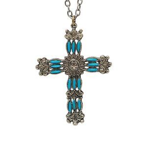 Vintage Turquoise Inlay Resin Silver-Tone Cross Pendant Necklace